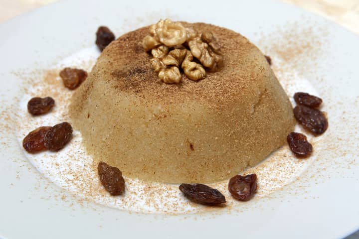 semolina halva, halvah, halava sweet desert with raisiins and nuts