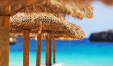 Straw parasols and beds on the sandy beach.