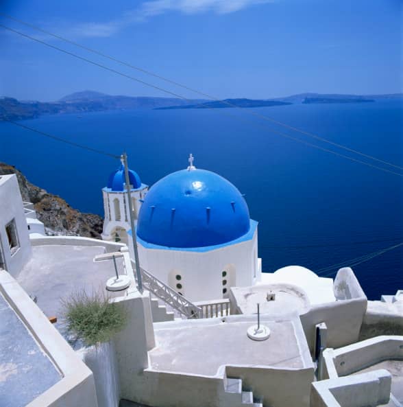 Blue church dome in Imerovigli, Santorini