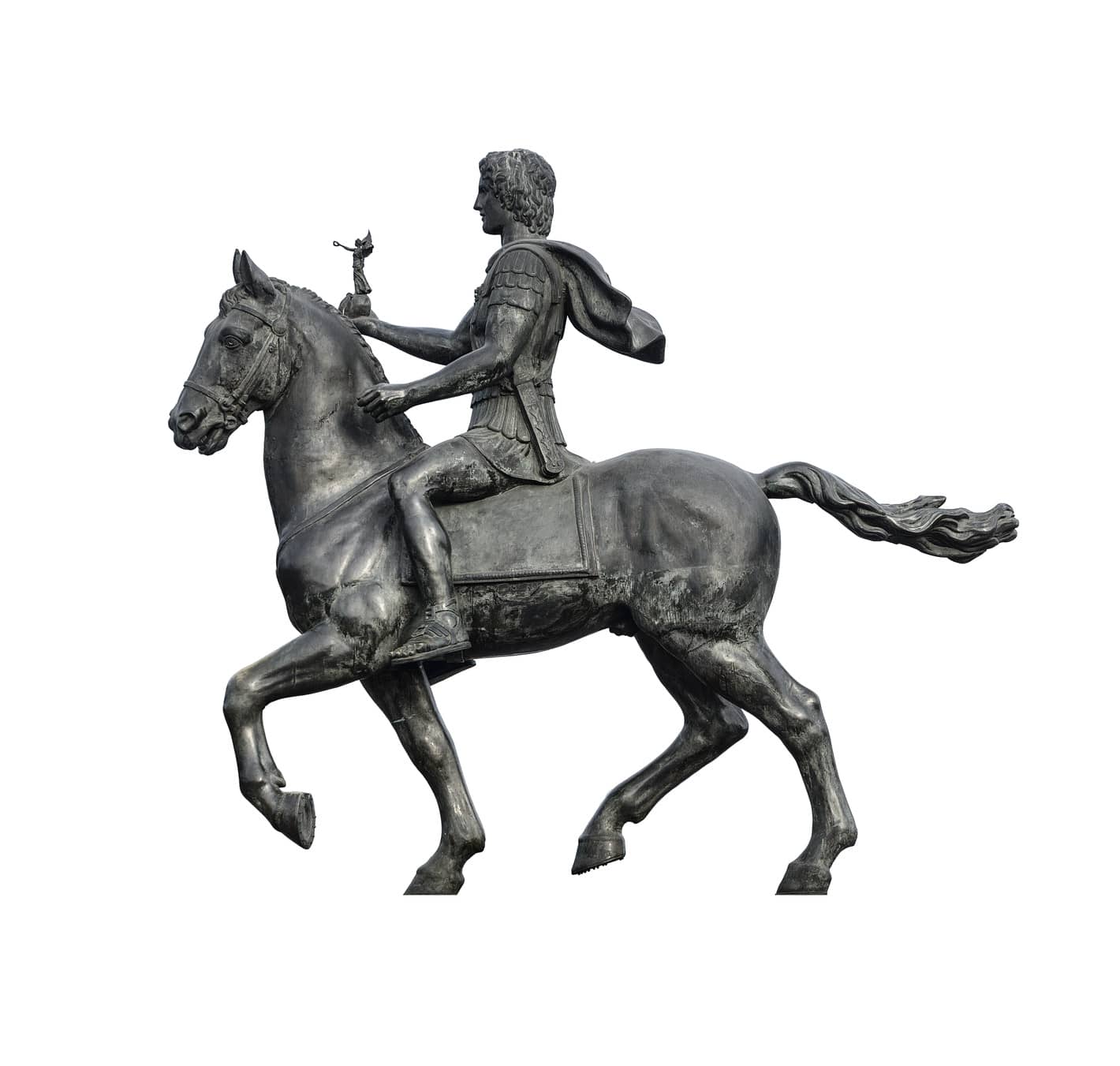 Statue of Alexander The Great Riding on His Horse Isolated on White Background