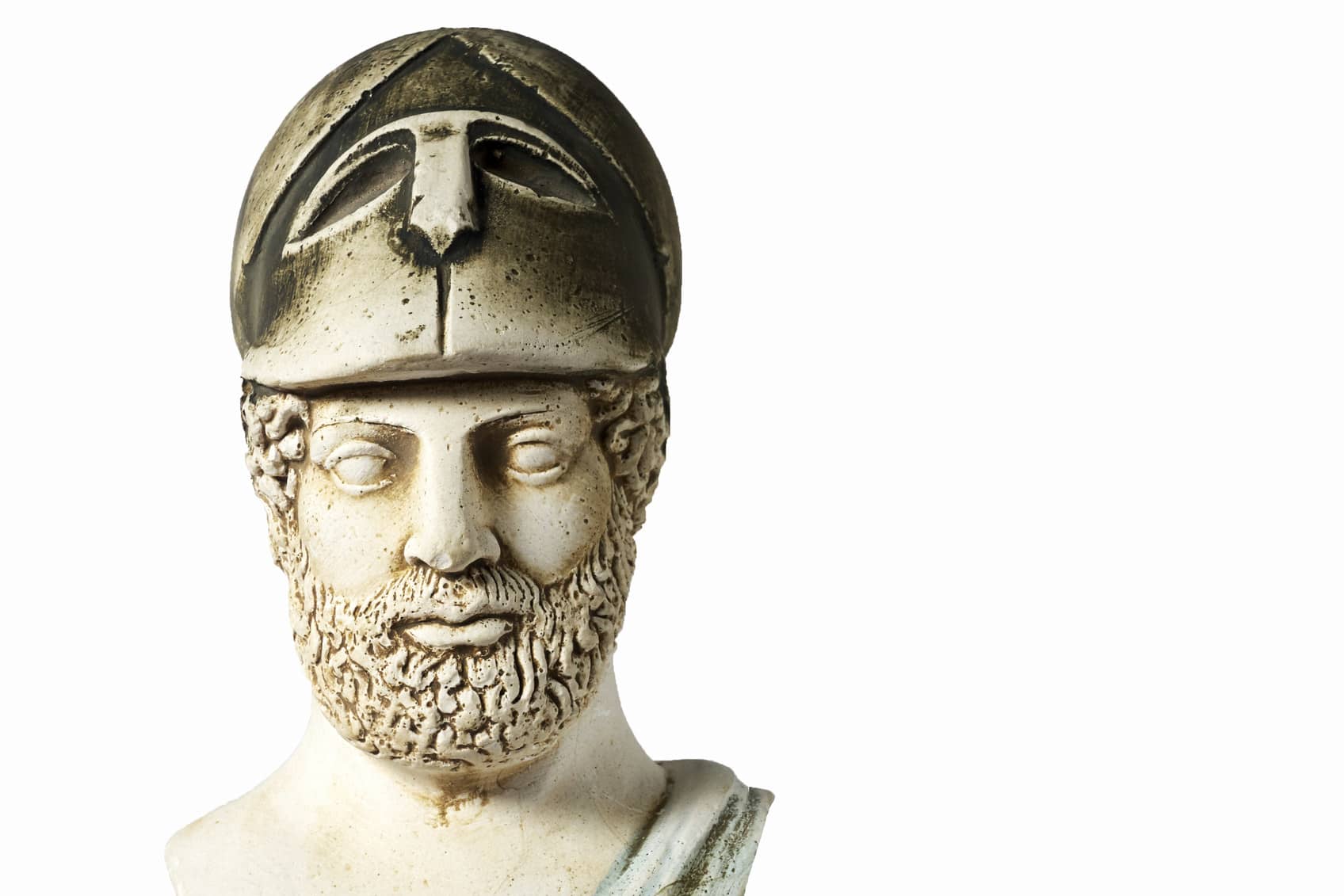 Pericles was Ancient Greek statesman, orator and general of Athens during the Golden Age. White marble bust of him on white background