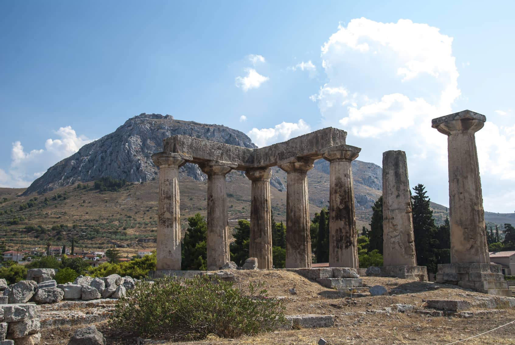 Ruins of Ancient Corinth, Greece with the Acrocorinth in the background