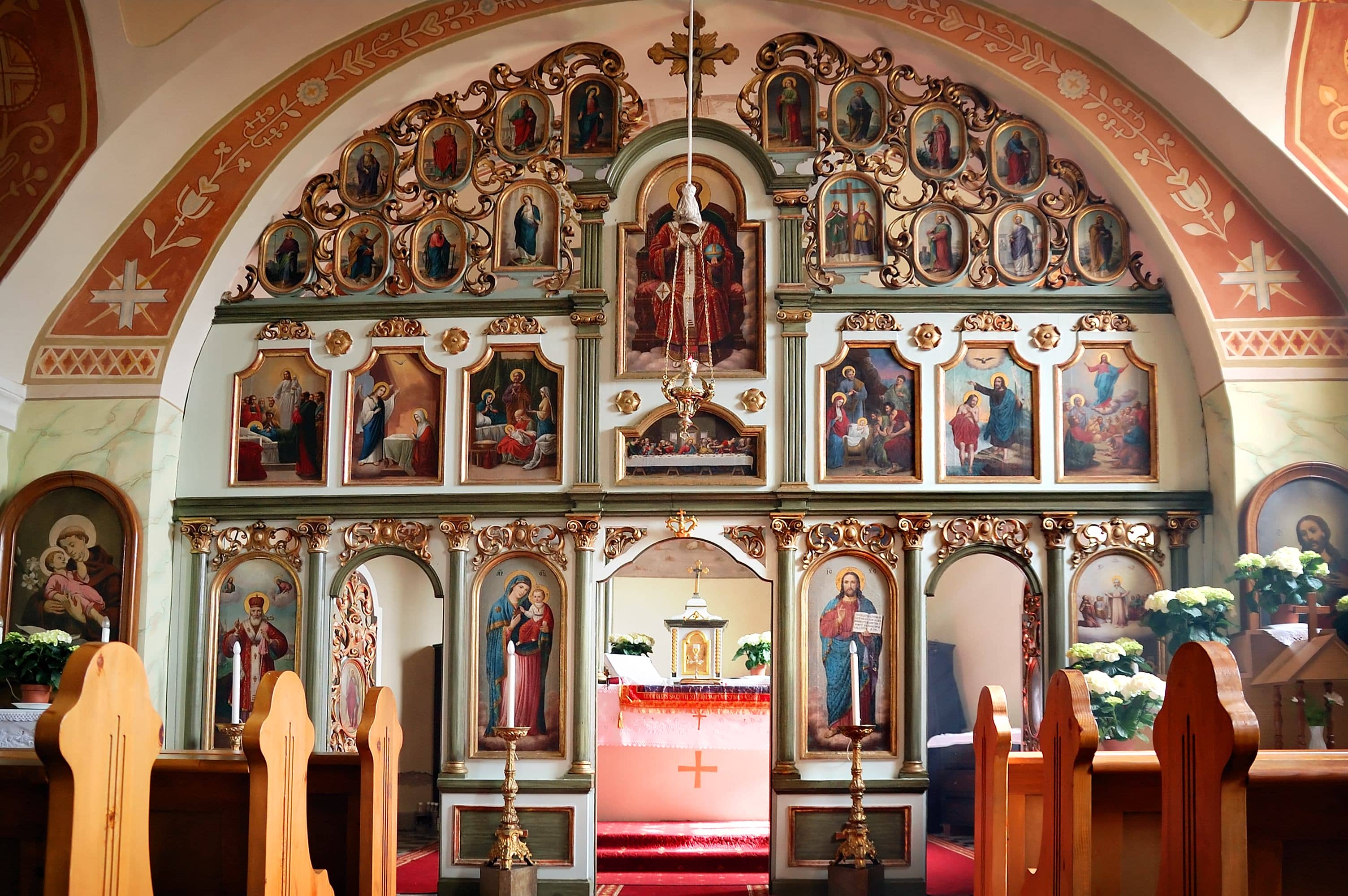 Orthodox church inside, with the rich decorated altar screen.