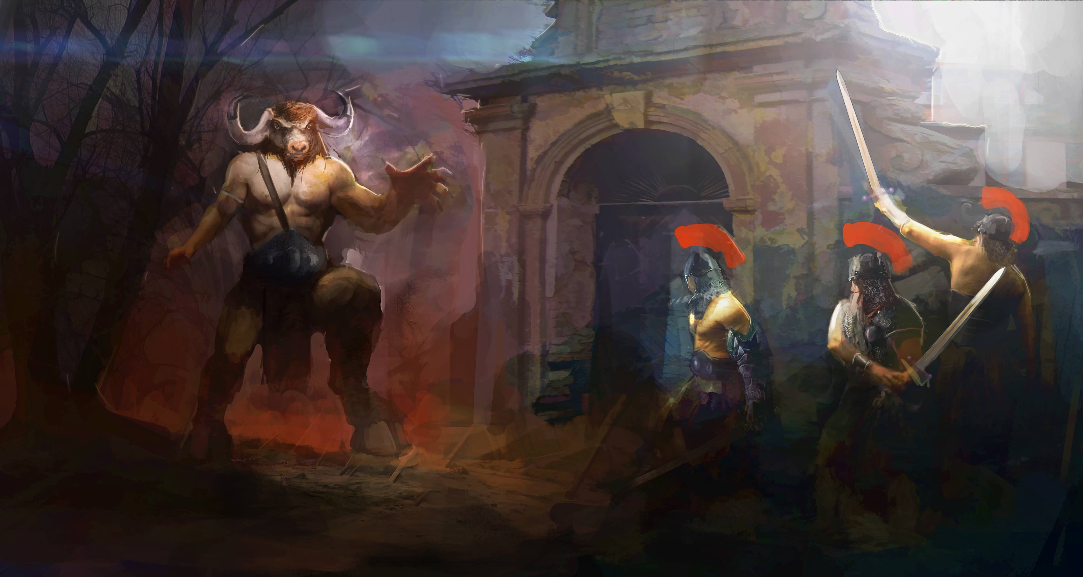 angry minotaur fighting warriors